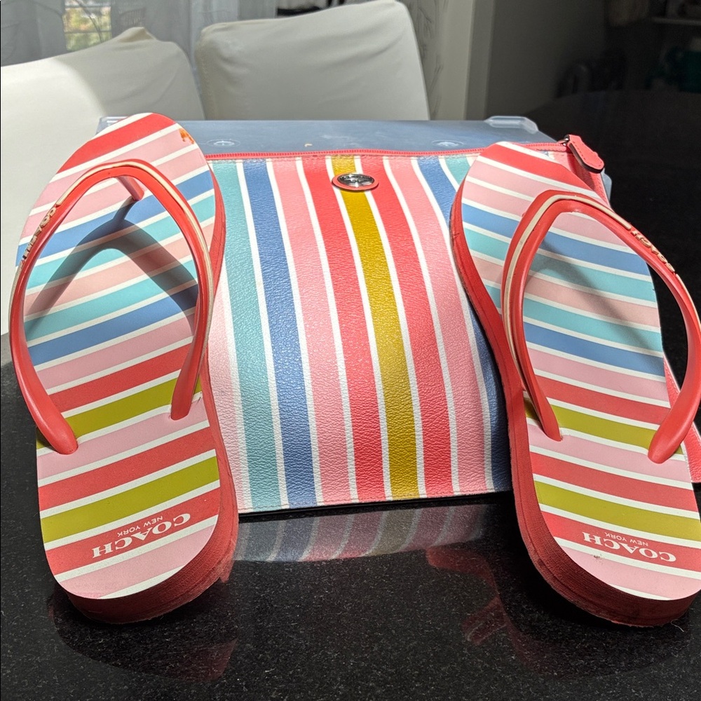 Coach Vibrant Striped Flip Flops and Bag